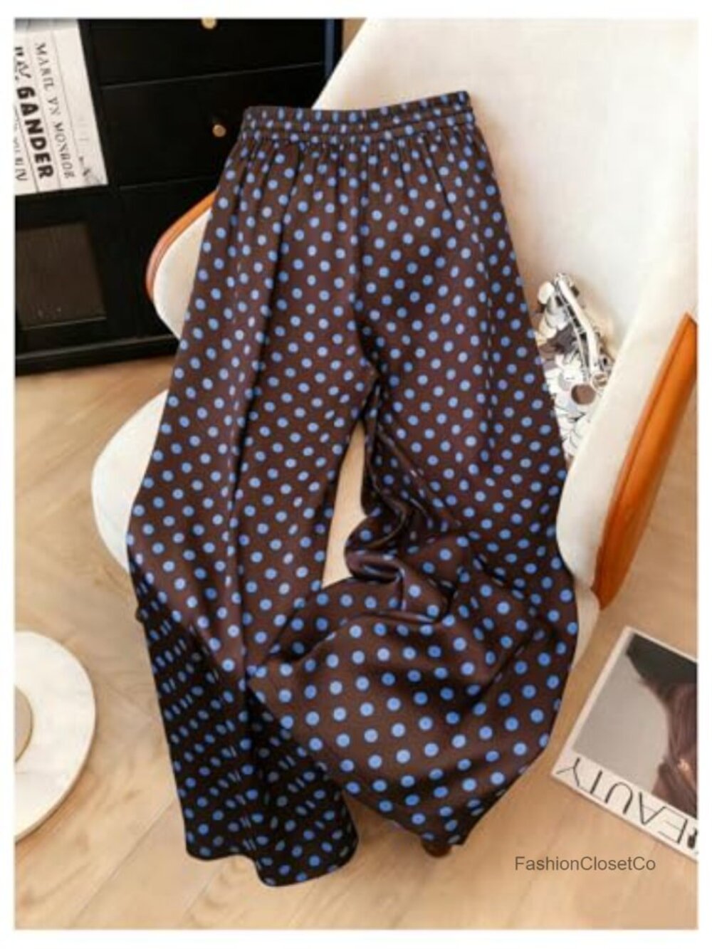 Wide Leg Satin Pants Elastic Drawstring Lounge Trousers Polka Dot - Picture 2 of 4